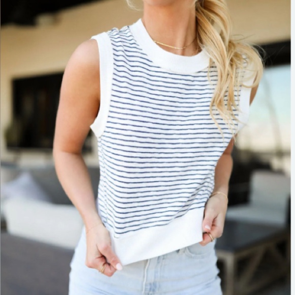 White & Navy Striped Sleeveless Knit top by MIOU MUSE